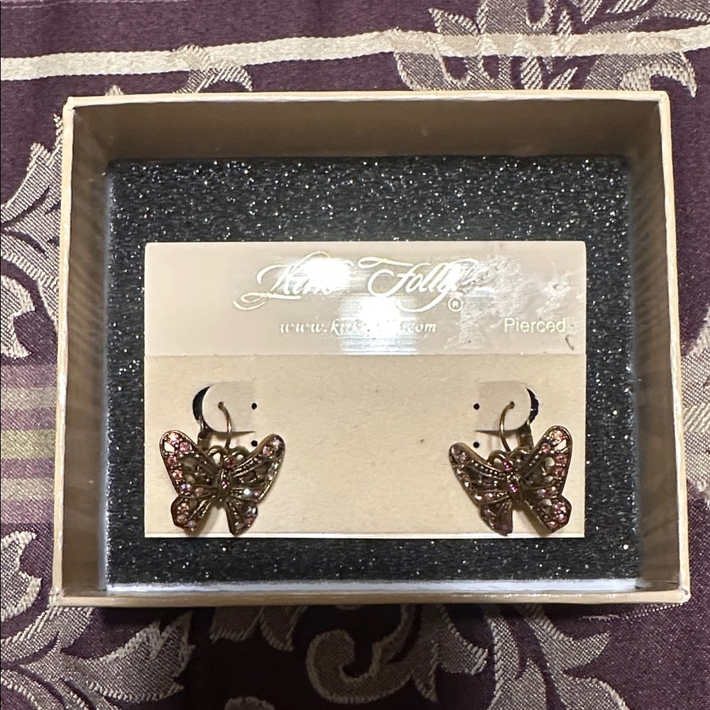 Kirks Folly Pink and Gold Butterfly Earrings-Never worn/on card, in box.